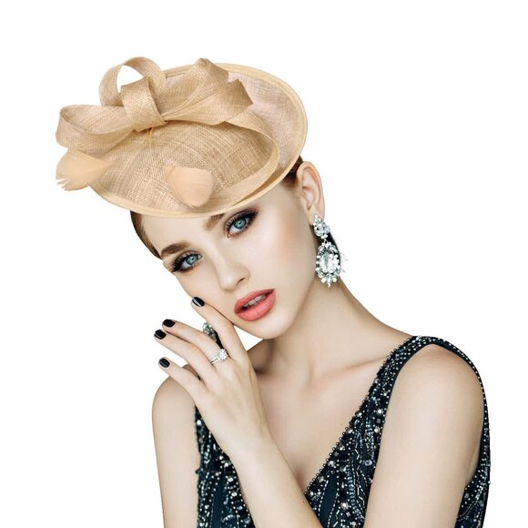 Accessories - 7763 Fascinators Clip Hat Bridal Linen Tea Party Hats Handmade Light Coffee